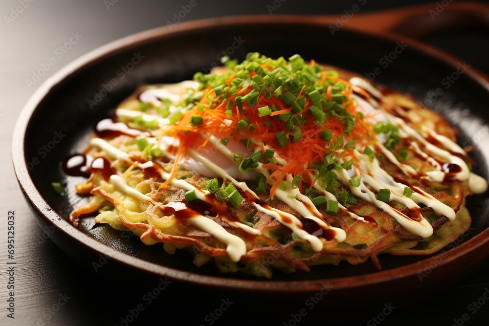 Okonomiyaki Delight: Savory Pancake with a Burst of Flavor in Minimalist Style Okonomiyaki Delight: Savory Pancake with a Burst of Flavor in Minimalist Style