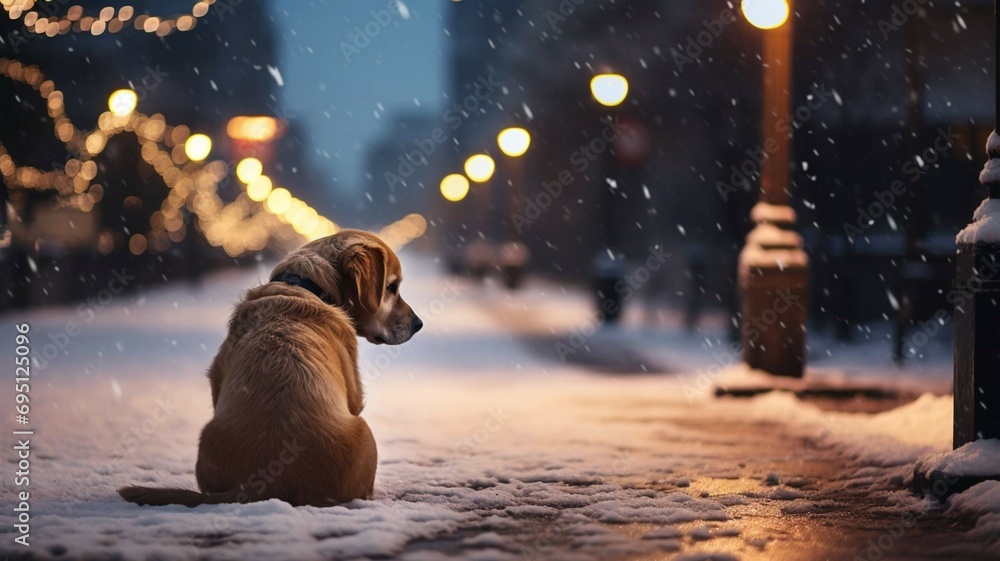  Sad dog with light brown fur sitting alone on a snow-covered festive decorated street at night. Homeless animal, sadness, betrayal, hunger, depression. Gold retriever. - obrazy, fototapety, plakaty 