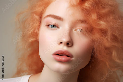 close-up of the face of a young woman with a sensual sight and lips, natural peach fuzz color makeup, red-haired girl with clear skin
