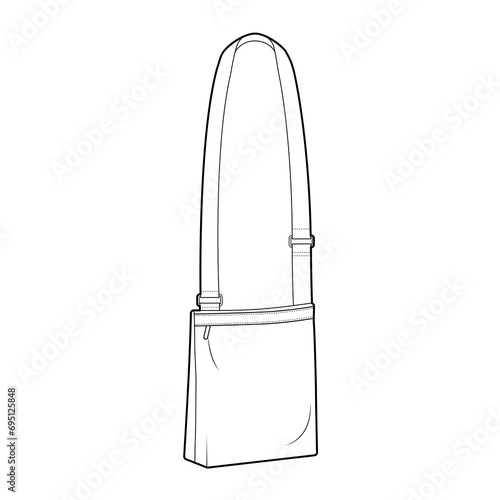 Outdoors Cross-Body Pouch Bag. Fashion accessory technical illustration. Vector satchel front 3-4 view for Men, women, unisex style, flat handbag CAD mockup sketch outline isolated