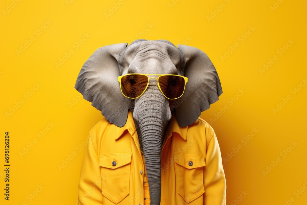 portrait of a man wearing a elephant mask and a yellow casual shirt. place for text - obrazy, fototapety, plakaty 