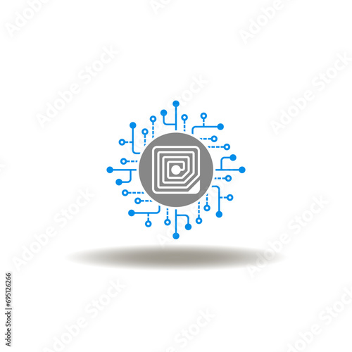 Vector illustration of micro chip with circuit. Icon of RFID Radio Frequency Identification tag. Symbol of electronic identification label.