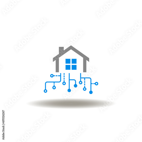 Vector illustration of house with circuit pattern. Icon of IoT home network. Symbol of smart computing online house tech. Pictogram of modern building construction.