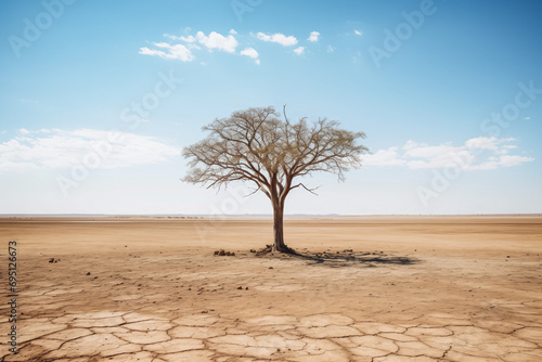 Ecological crisis, drought, a lone plant in the midst of dried earth, serious social issues