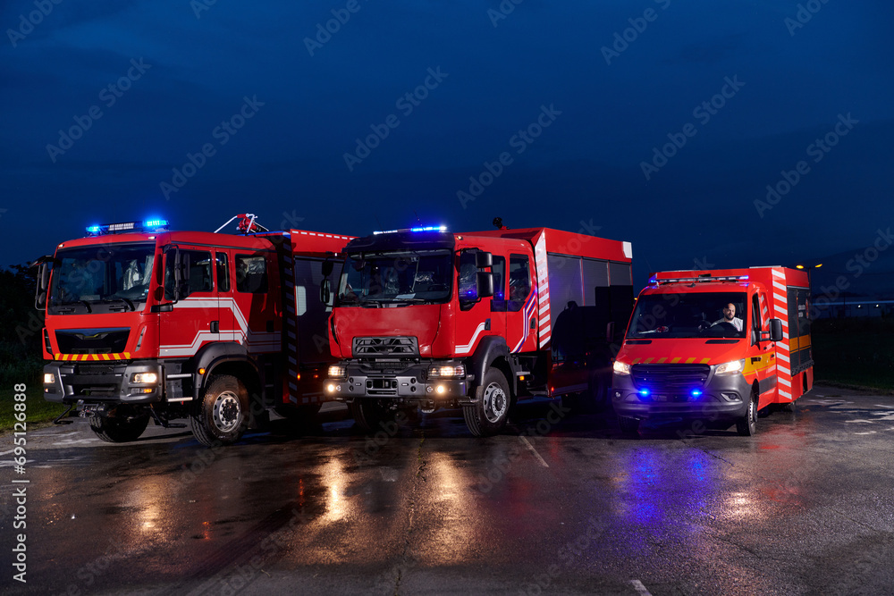 A pair of highly modern and quality fire trucks illuminate the night with their rotating lights, symbolizing the cutting-edge technology and preparedness of the firefighting fleet, ready to respond to A pair of highly modern and quality fire trucks illuminate the night with their rotating lights, symbolizing the cutting-edge technology and preparedness of the firefighting fleet, ready to respond to