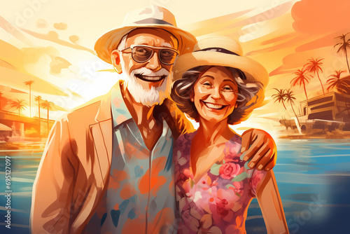 An elderly couple enjoying a sunset on a tropical beach, symbolizing travel, leisure, and retirement.