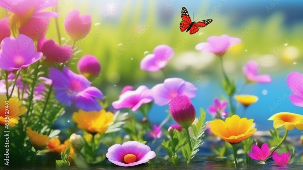 Obraz premium spring vibrant nature with flowers and insect photo realistic wallpaper