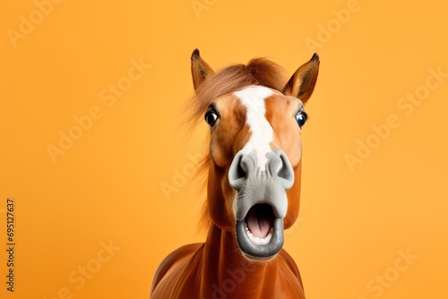 surprised horse with open mouth isolated on yellow background, copy space © evgenia_lo