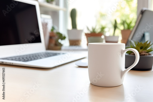 White mug on wooden table in workplace, Mockup for design.
