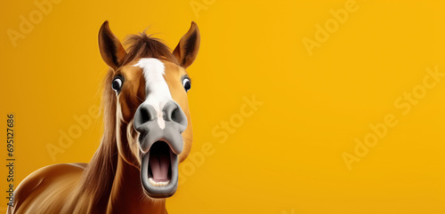 surprised horse with open mouth isolated on yellow background, copy space photo