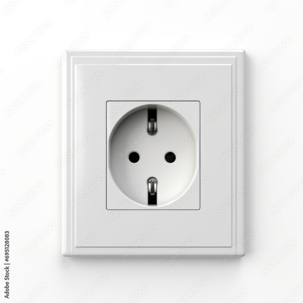 European-style white power socket on a white wall, shadow on the right. European-style white power socket on a white wall, shadow on the right.