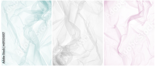 Set of 3 Creative Abstract Vector Layouts Made of Crumpled Foil. Background with Light Blue, White and Pastel Pink Creased Plastic. No Text. RGB. Print with Delicate Tissue Paper Surfuce. RGB.
