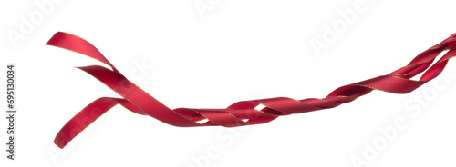 Red ribbon long straight fly in air with curve roll shiny. Red ribbon for present gift birthday party to wrap around decorate and curl curve long straight. White background isolated
