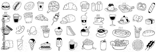 Set vector illustration doodles of food, drink, dessert, beverage. Outline, linear, thin line art, hand drawn sketch, black and white ink style. 