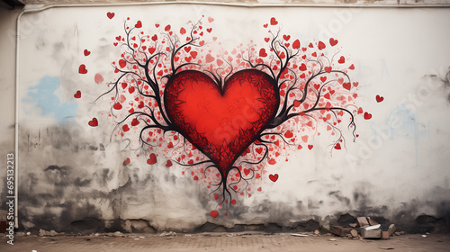 Street art mural of a vibrant red heart with branches on a grungy wall, symbolizing love and romance.