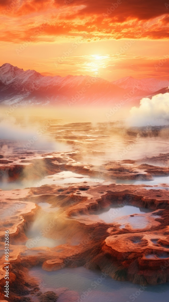 Sunset over mountains, warm sky hues, misty landscape, terraced geothermal pools, steam clouds, golden hour light, serene natural scene, mountain silhouette, ethereal atmosphere, sun's reflection