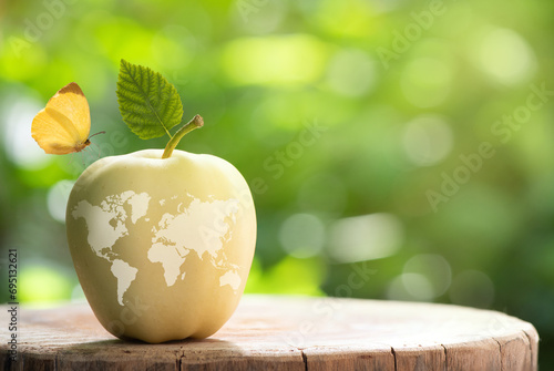 Fototapeta Naklejka Na Ścianę i Meble -  World food day concept: Golden Delicious apple fruits on nature background and world map icon.
