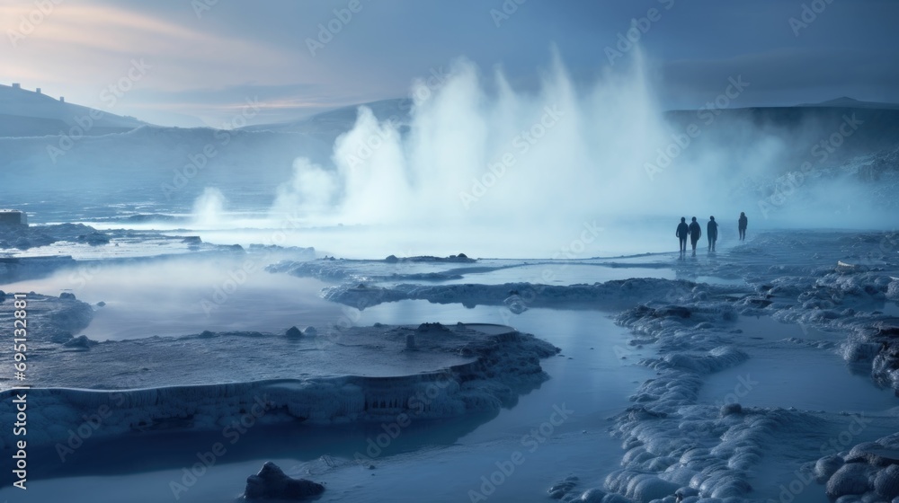 Geothermal Geyser Eruption at Dusk Misty hot springs twilight Geothermal springs at dusk, geyser eruption, mist over water, silhouette of visitors, twilight hues, steam rising, reflection on water - obrazy, fototapety, plakaty 