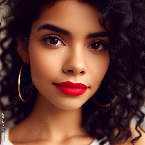 Mujer latina, pelo chino, labios rojos, tez morena, acercamiento