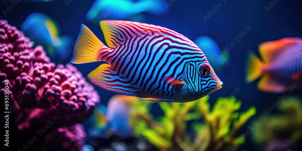 Fototapeta premium Beautiful colorful tropical fish swimming in the aquarium. Underwater world.
