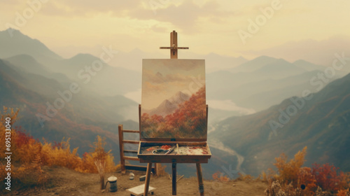 Painting on the top of the mountain in autumn at sunset.