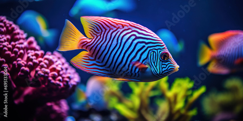 Beautiful colorful tropical fish swimming in the aquarium. Underwater world.