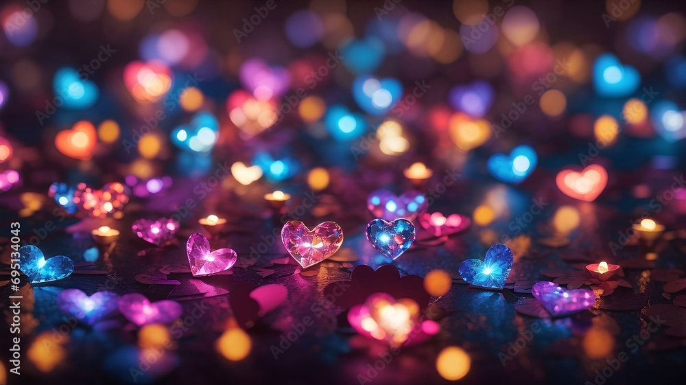 A kaleidoscope of bokeh heart lights fills the background, creating a mesmerizing display of vivid colors. In the forefront, an enchanting image emerges delicate heart-shaped lights