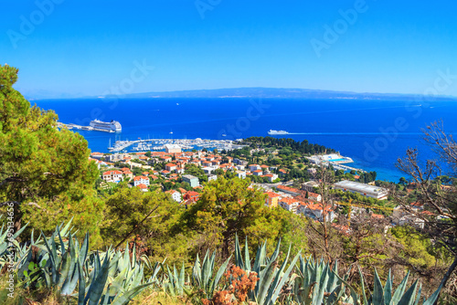 Coastal summer landscape - top view of the city port and marina of Split, the Adriatic coast of Croatia photo