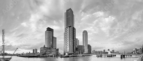 City Landscape, panorama, black and white banner - view on Tower blocks in the Kop van Zuid neighbourhood of Rotterdam, The Netherlands photo