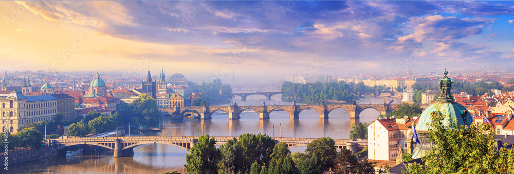Obraz na płótnie City summer landscape, panorama, banner - top view of the historical center of Prague and the Vltava river with bridges, Czech Republic w salonie