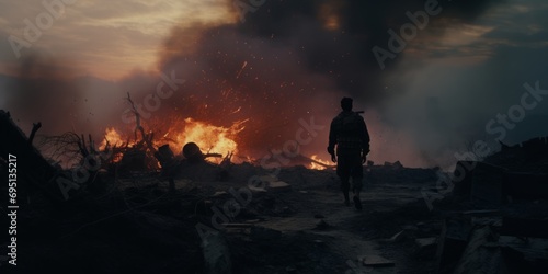 Solitary man walking away from a fiery explosion, a metaphor for overcoming adversity and the unpredictable events of life.


