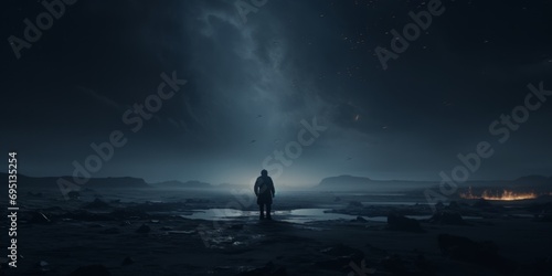 Solitary figure standing in a dramatic landscape illuminated by a beam of light, evoking solitude and the search for meaning in the vastness of nature.
