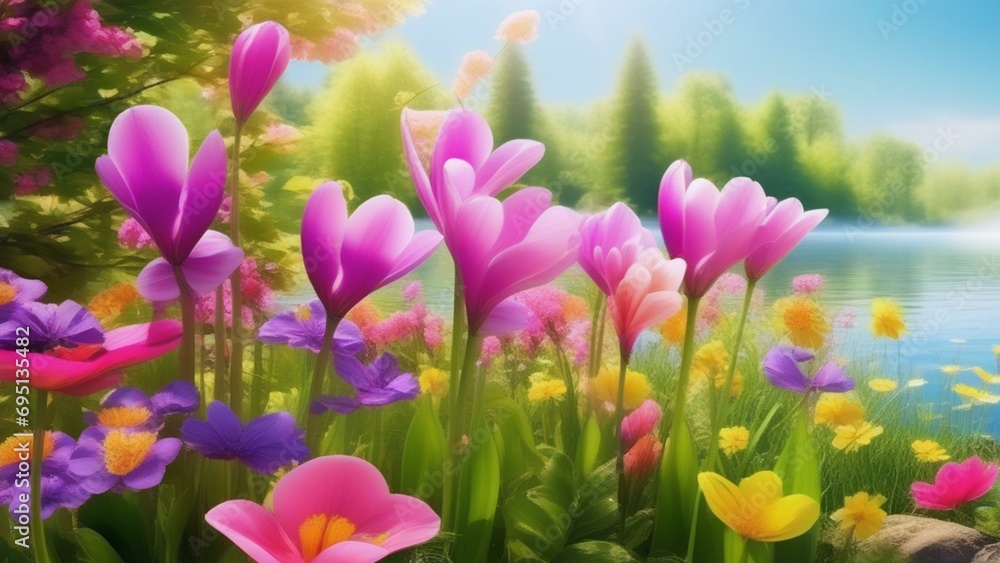 Fototapeta premium spring vibrant nature with flowers and insect photo realistic wallpaper