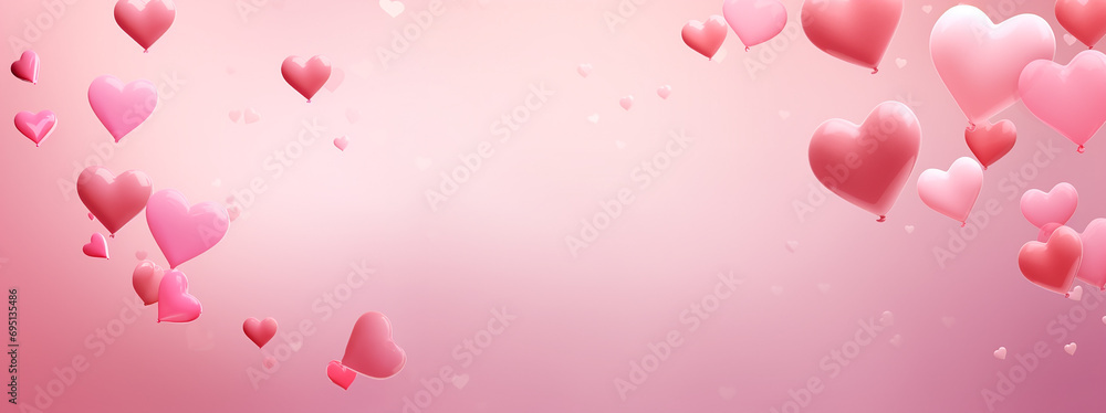 Valentine's day  banner. Pink heart shaped balloons, on a pink studio background with copy space. Valentine's card. Valentine's Day concept template for text.
