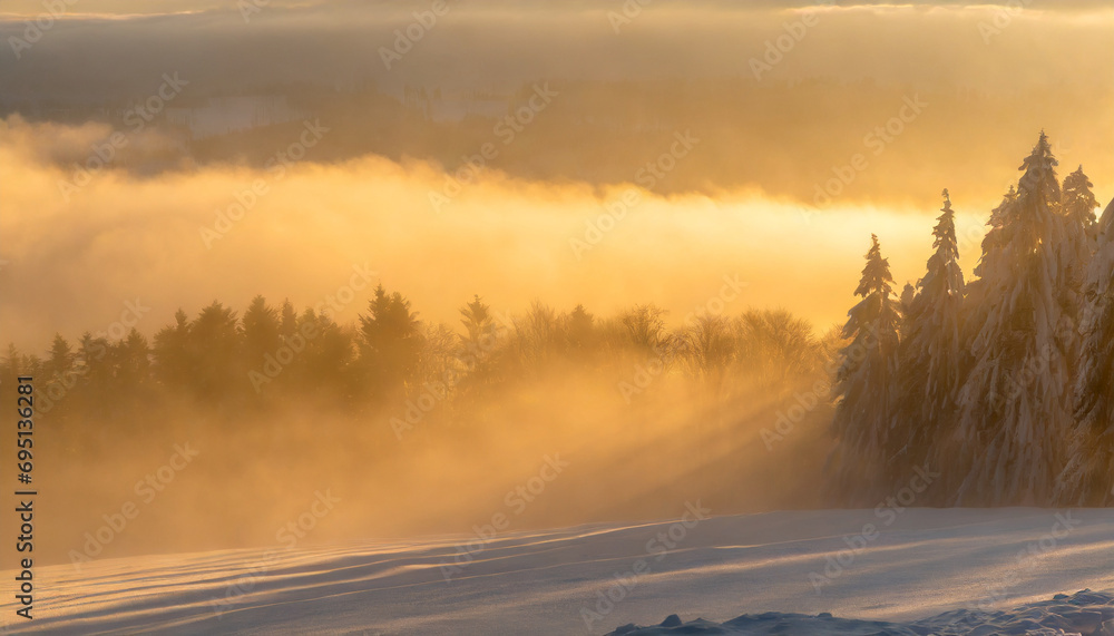 Enigmatic snowy forest in Black Forest with misty rising fog, a haunting winter landscape shrouded in darkness