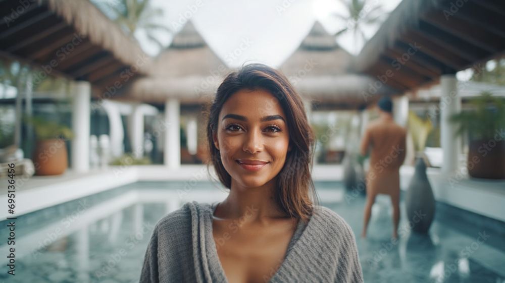 Adult woman, 20 to 30, standing in a bathrobe in front of a shallow swimming pool in a villa or hotel, tanned skin tone, luxurious wellness vacation in a tropical resort, fictional location