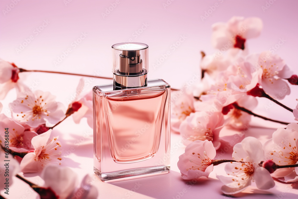 pink bottle of perfume with flowers, rose, petals. close up. Beauty background pink bottle of perfume with flowers, rose, petals. close up. Beauty background