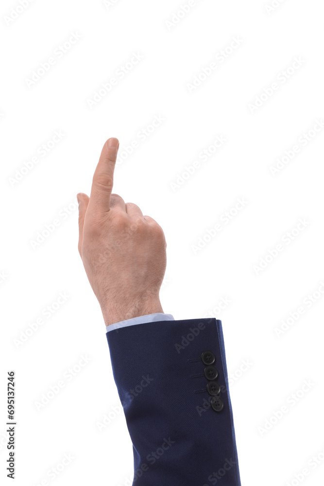 Man pointing with index finger on white background, closeup Man pointing with index finger on white background, closeup