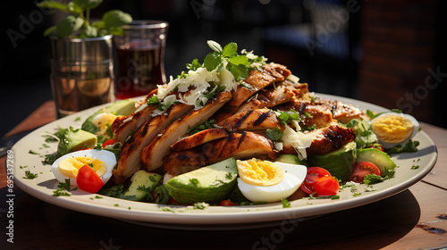 Grilled Glory: Relish the Char of Perfectly Grilled Chicken, Crowned by a Sea of Fresh coriander and an Ensemble of Artfully Selected avocados, tomatoes, eggs, with a top of asiago cheese.