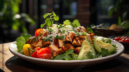 Grilled Glory: Relish the Char of Perfectly Grilled Chicken, Crowned by a Sea of Fresh coriander and an Ensemble of Artfully Selected avocados, tomatoes with a top of asiago cheese.