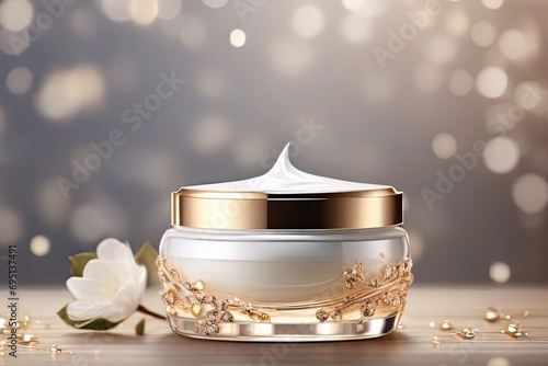 Experience luxury with skincare cream package Beauty poster showcasing cosmetic bottles against a mesmerizing bokeh background