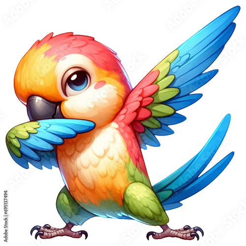 An adorable watercolor dabbing parrot clipart - perfectly isolated, with soft natural watercolor texture. Cool party vibe.