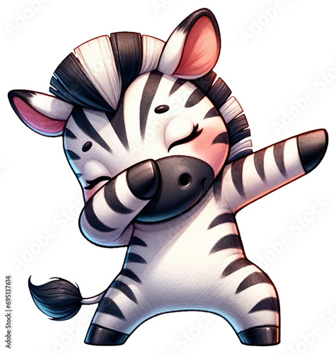 An adorable watercolor dabbing zebra clipart - perfectly isolated, with soft natural watercolor texture. Cool party vibe.