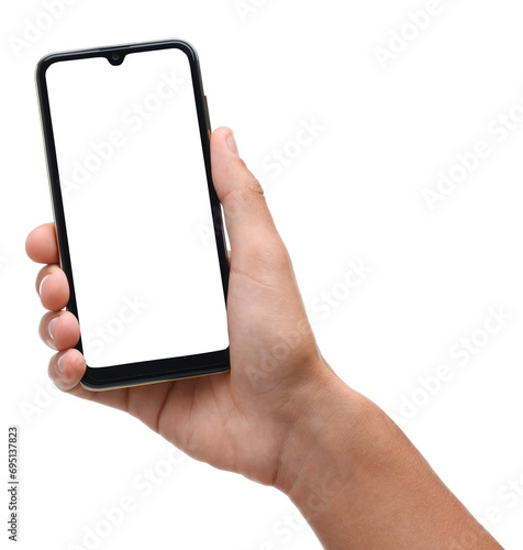 Man holding smartphone with blank screen on white background, closeup. Mockup for design