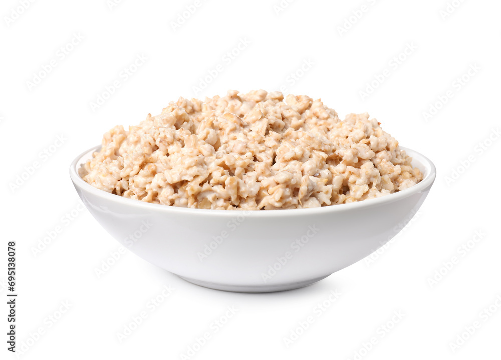 Tasty boiled oatmeal in bowl isolated on white Tasty boiled oatmeal in bowl isolated on white
