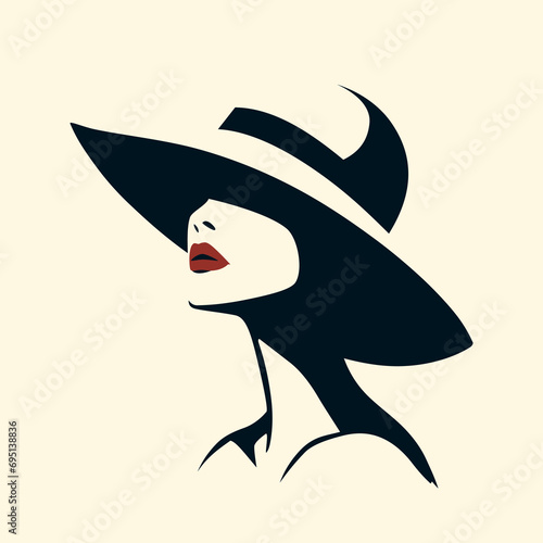 Portret pięknej kobiety w eleganckim kapeluszu z szerokim rondem w minimalistycznym stylu. Młoda dziewczyna z czerwonymi ustami. Ilustracja wektorowa High Fashion.
