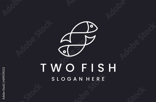 Two Fish logo seafood restaurant menu round icon, fishing emblem minimalist style