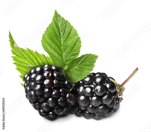 Tasty ripe blackberries and green leaves isolated on white