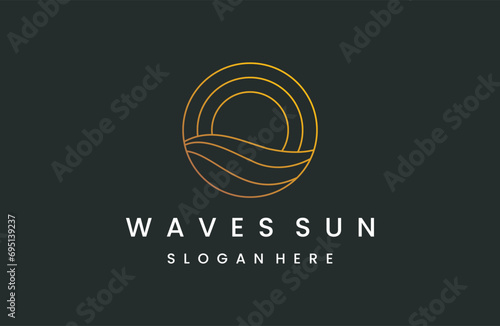 Ocean water wave and sun in a circle with a gold line art style .