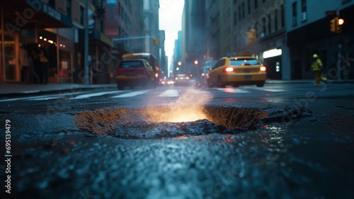 Pothole in the middle of the street in New York City generative IA